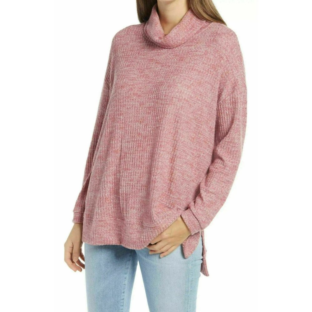 Everleigh Cowl Neck Tunic Top Mauve Chambray Waffle Knit Super Soft Womens M